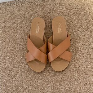 Catherine Malandrino Cognac Tan Cross-Strap Slide Sandals Size 6.5- NWOT